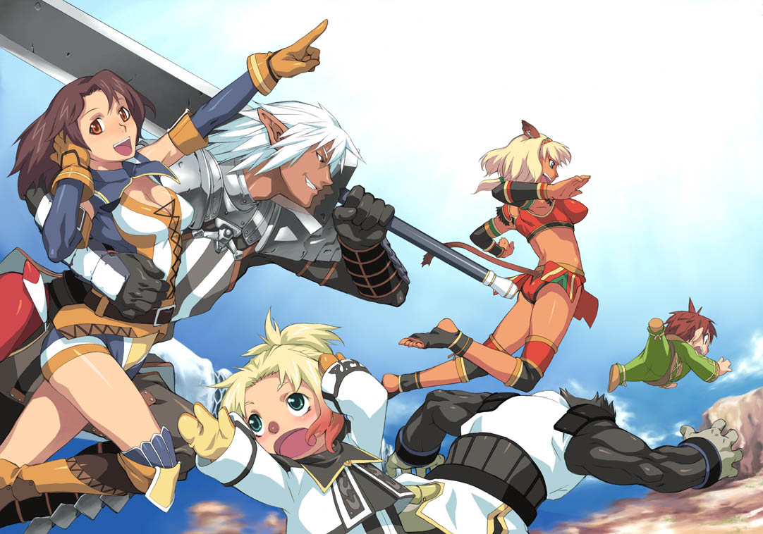 blonde_hair, brown_hair, elf, elvaan, final_fantasy, final_fantasy_xi, galka, gloves, hume, mithra, pointy_ears, sword, takemura_sesshuu, tarutaru, weapon, white_hair