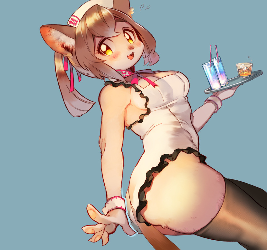 1girl, animal_ears, breasts, brown_hair, cat_ears, cleavage, cup, drink