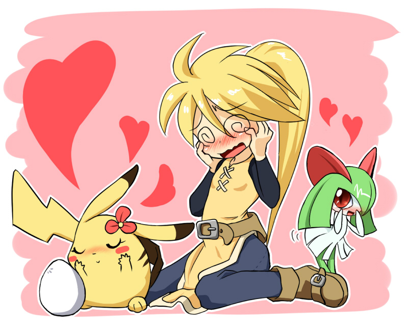 @_@, belt, blonde_hair, blush, chuchu_(pokemon), crombaster, egg, flower, hair_flower, hair_ornament, heart, kirlia, nintendo, pikachu, pokemon, pokemon_special, ponytail, sitting, trap, wariza, yellow_(pokemon)