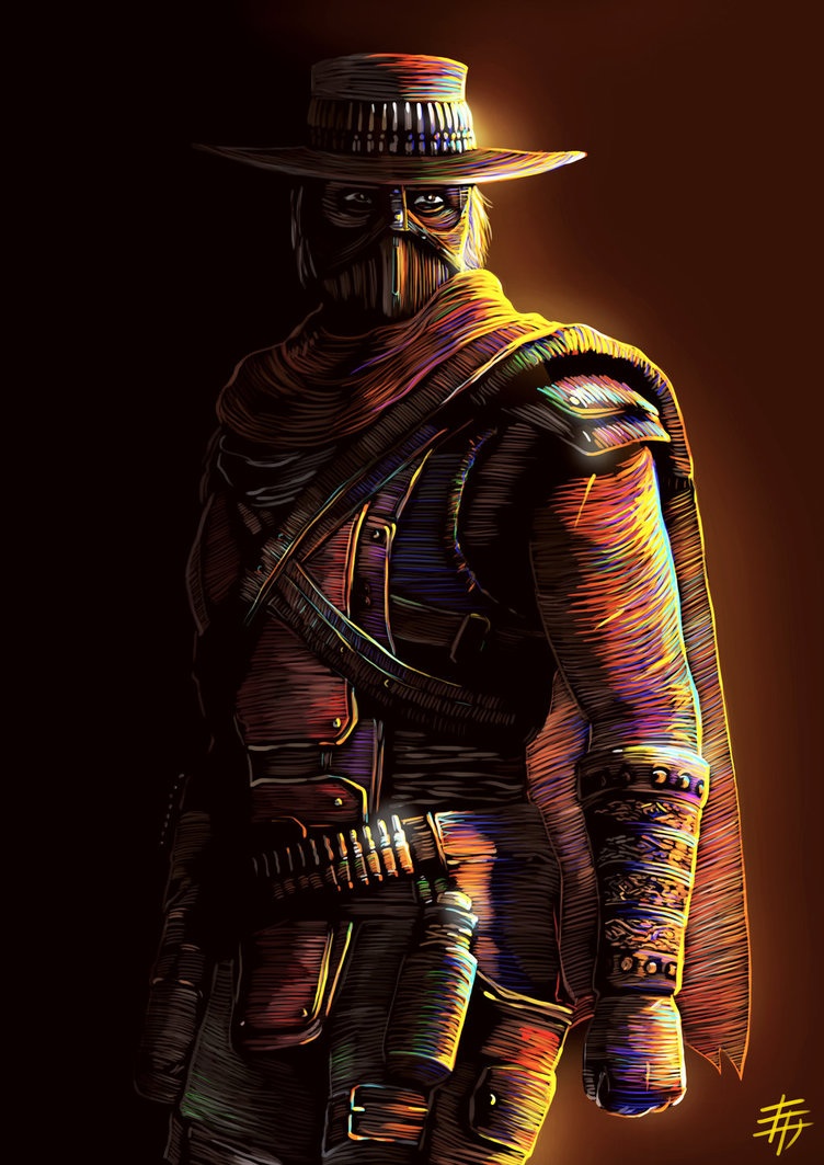 1boy, artist_request, belt, cape, cowboy, dark_background, erron_black, face_paint, facial_mark, gloves, gradient, gradient_background, gun, hat, male_focus, mask, mortal_kombat, mortal_kombat_x, solo, weapon, western