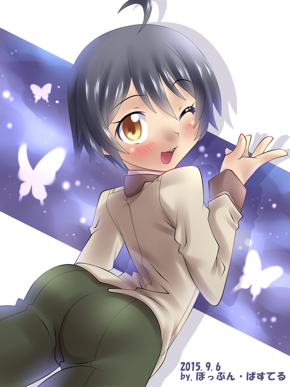 1boy, ahoge, artist_request, ass, black_hair, from_behind, kobayashi_yoshio, looking_at_viewer