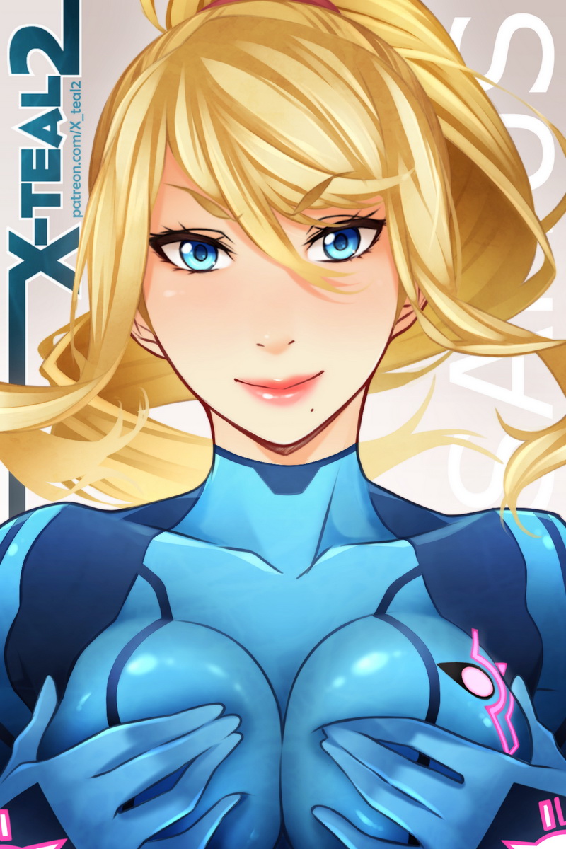 1girl, blonde_hair, blue_eyes, breast_grab, grabbing, looking_at_viewer, metroid, mole, mole_under_mouth, nintendo, ponytail, samus_aran, smile, solo, upper_body, x-teal2, zero_suit