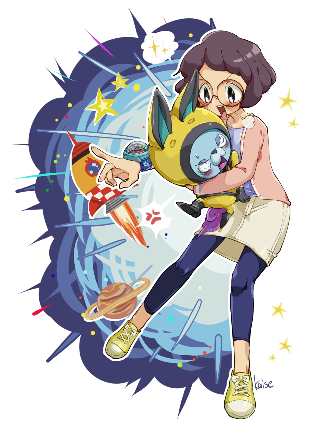 blush, glasses, leggings, misora_inaho, rocket, short_hair, skirt, space