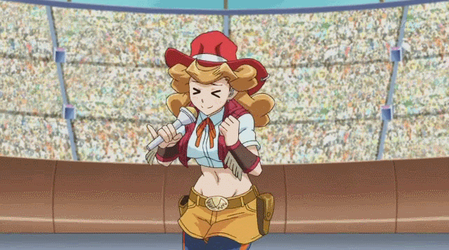 1girl, animated, animated_gif, announcer, belt, breasts, cowboy_hat, female