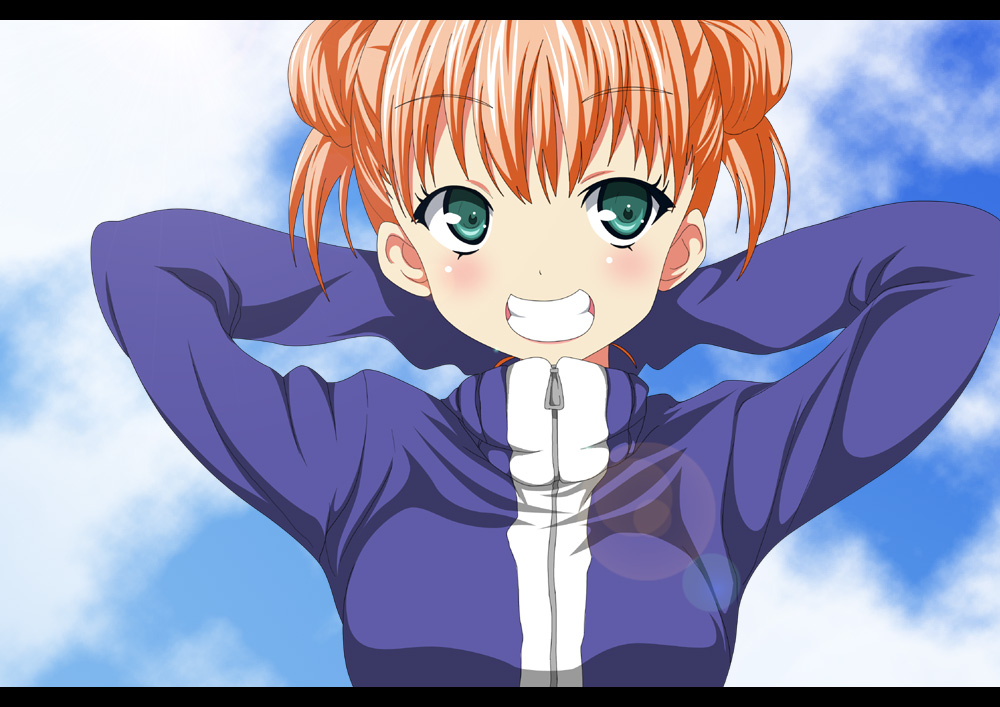 1girl, breasts, green_eyes, grin, open_mouth, orange_hair, shokugeki_no_souma, short_hair