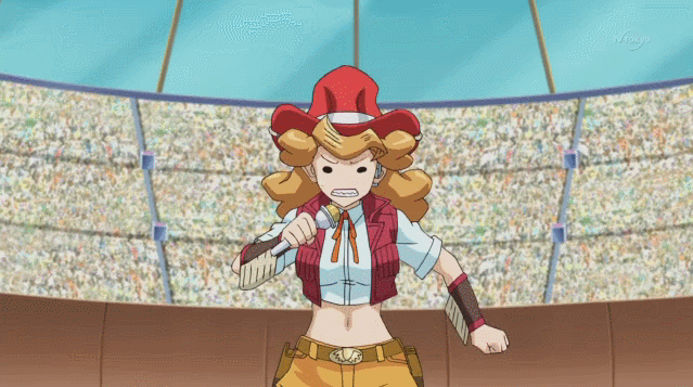 1girl, animated, animated_gif, announcer, belt, breasts, cowboy_hat, female