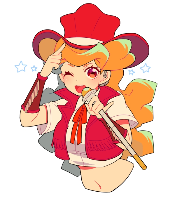 1girl, cowboy_hat, female, hat, looking_at_viewer, melissa_claire, microphone, midriff