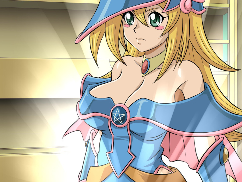 1girl, bare_shoulders, blonde_hair, blush, blush_stickers, breasts, cleavage, dark_magician_girl