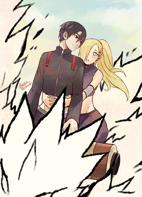 1boy, 1girl, amiko, black_hair, blonde_hair, couple, forehead_protector, hair_over_one_eye