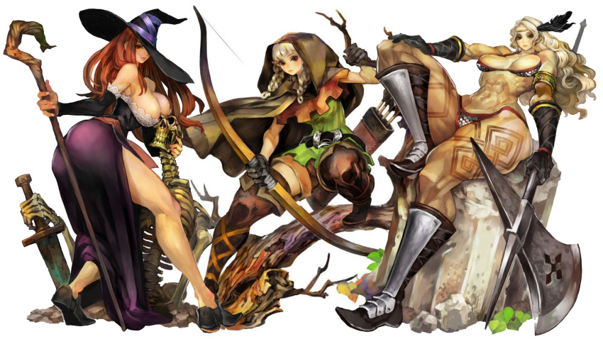 3girls, amazon_(dragon's_crown), ass, axe, bikini, blonde_hair, boots, bow_(weapon), breasts, cloak, dragon's_crown, elf_(dragon's_crown), huge_breasts, large_breasts, multiple_girls, muscle, pointed_hat, red_eyes, redhead, side_split, skeleton, sorceress_(dragon's_crown), staff, swimsuit, sword, tagme, tattoo, weapon