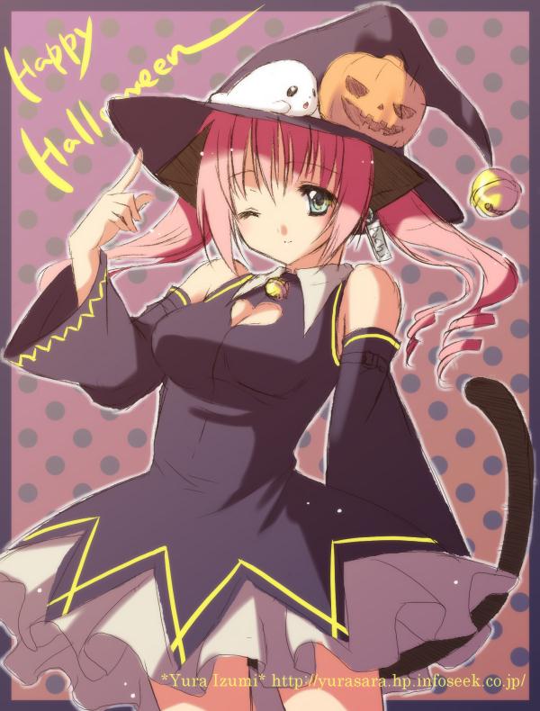cat_ears, halloween, hat, izumi_yura, jpeg_artifacts, pink_hair, pochi, tail