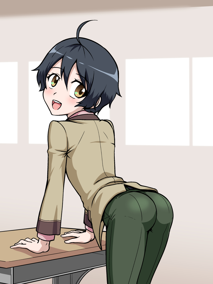 1boy, ahoge, ass, black_hair, blush, desk, kobayashi_yoshio, leaning, leaning_forward, looking_back, male_focus, nagiichi, open_mouth, pants, presenting, ranpo_kitan, short_hair, shota, skin_tight, smile, solo, tight_pants, trap, white_background, yellow_eyes