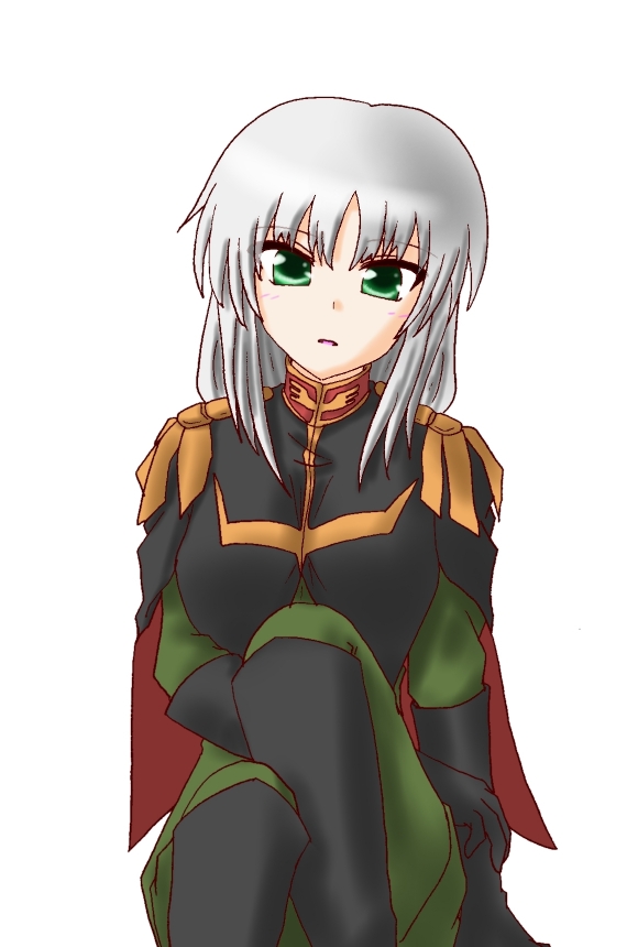 1girl, boots, female, gloves, green_eyes, gundam, gundam_zeonic_front, military