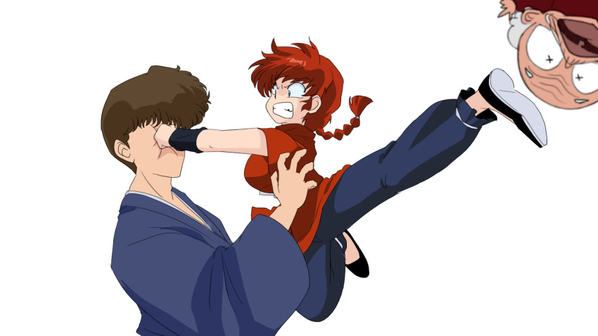1girl, 2boys, blue_eyes, braid, chinese_clothes, genderswap, happosai, kicking