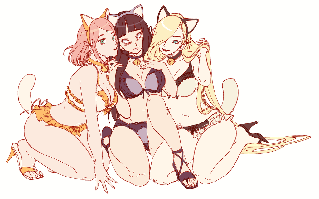 3girls, bell, bell_collar, bikini, blonde_hair, breasts, cat_ears, cat_tail