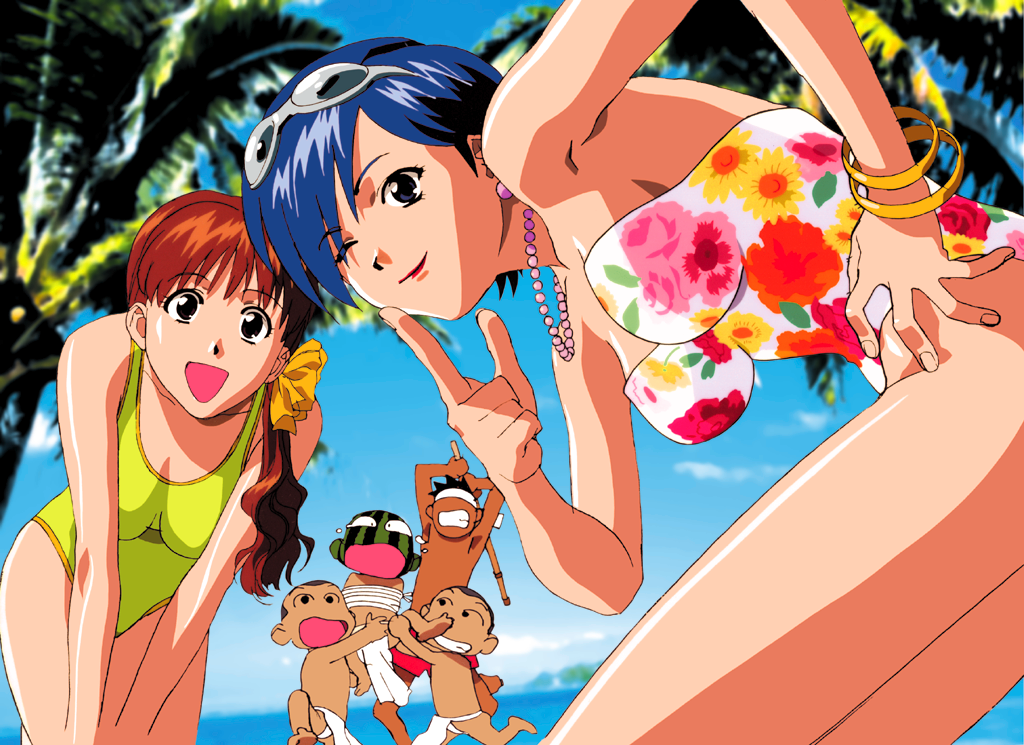 2girls, 4boys, asuka_(viper), blue_eyes, blue_hair, bracelet, brown_hair, floral_pattern