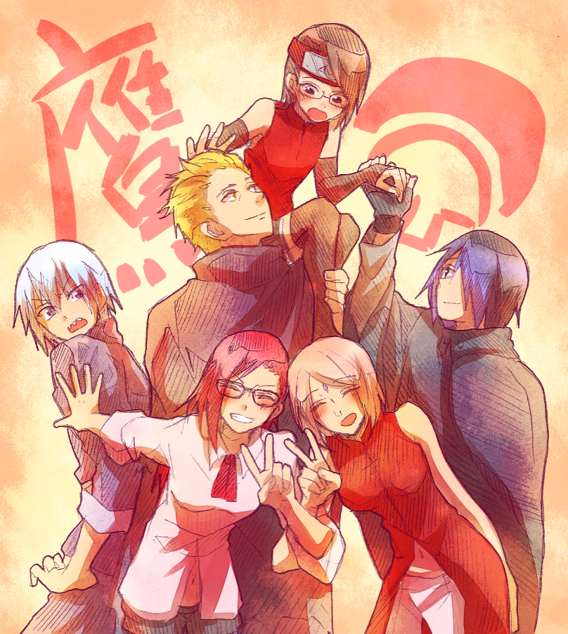 3boys, 3girls, artist_request, carrying, facial_mark, family, forehead_mark, forehead_protector