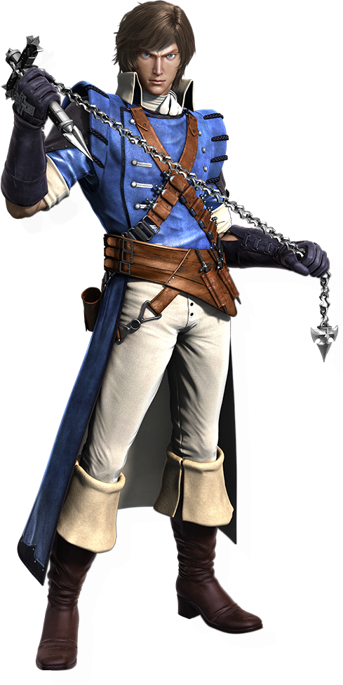 1boy, 3d, blue_eyes, boots, brown_hair, castlevania, chains, coat, cr_pachinko_akumajō_dracula, cross, gloves, long_coat, male_focus, official_art, pants, richter_belmondo, solo, standing, transparent_background, weapon