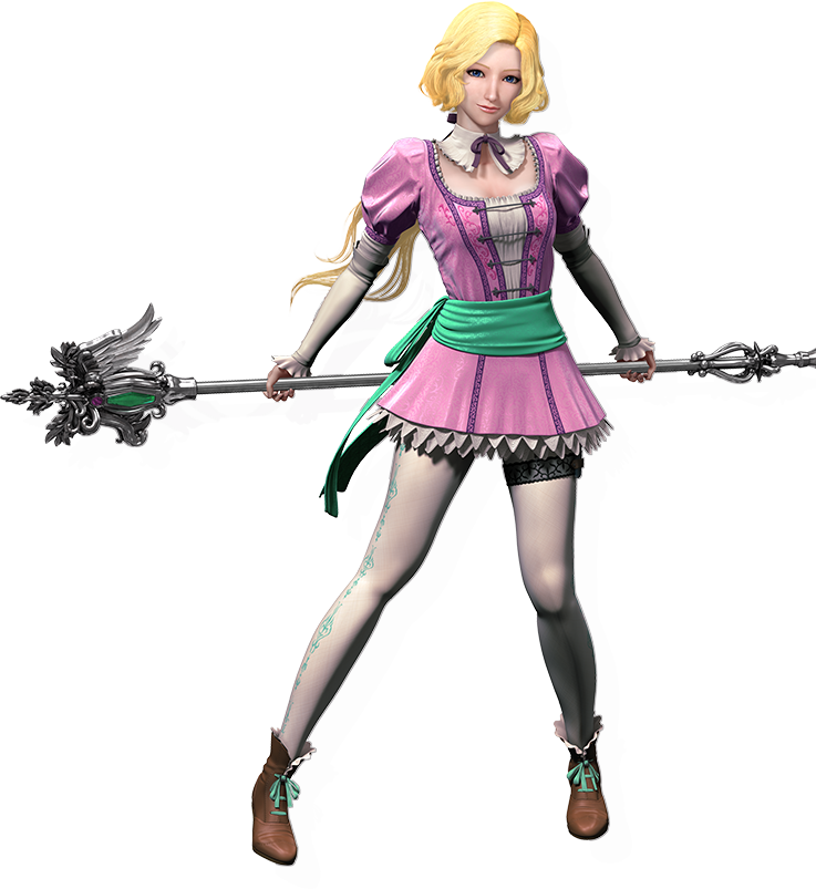 1girl, 3d, blonde_hair, blue_eyes, boots, castlevania, cr_pachinko_akumajō_dracula, dress, female, long_hair, maria_renard, official_art, ponytail, smile, solo, staff, standing, thigh-highs, transparent_background