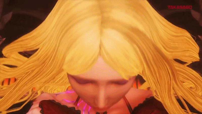 1girl, 3d, animated, animated_gif, annette_(castlevania), bare_shoulders, barefoot, blonde_hair, breasts, castlevania, corruption, corset, cr_pachinko_akumajō_dracula, dark_persona, feet, female, fire, floating, large_breasts, legs, magic, midriff, nail_polish, red_eyes, skimpy, solo, thong, vampire, wings