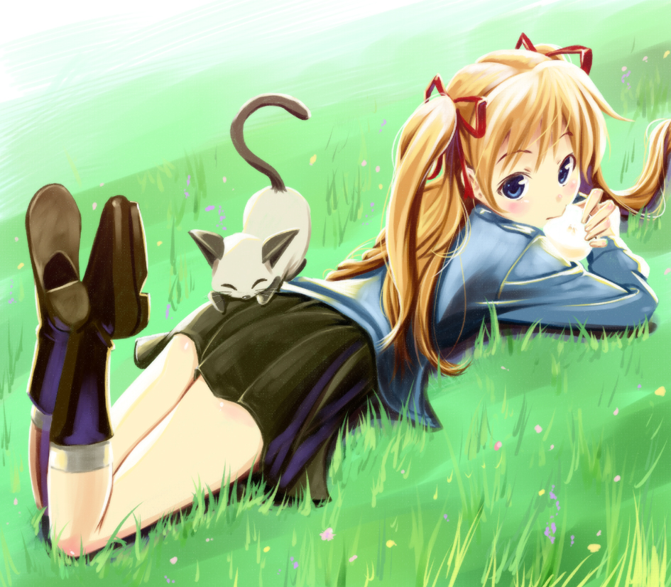 cat, eating, food, futari_no_ana, grass, hair_ribbon, kanon, legs