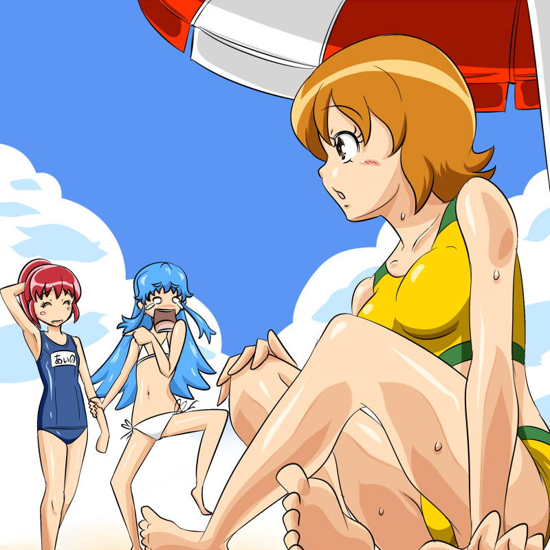 3girls, :o, aino_megumi, arm_up, barefoot, bikini, blue_hair, blue_sky, brown_eyes, brown_hair, closed_eyes, feet, happinesscharge_precure!, kogane, long_hair, multiple_girls, one-piece_swimsuit, oomori_yuuko, ponytail, precure, redhead, school_swimsuit, shirayuki_hime, short_hair, side-tie_bikini, sky, sweat, swimsuit, toes