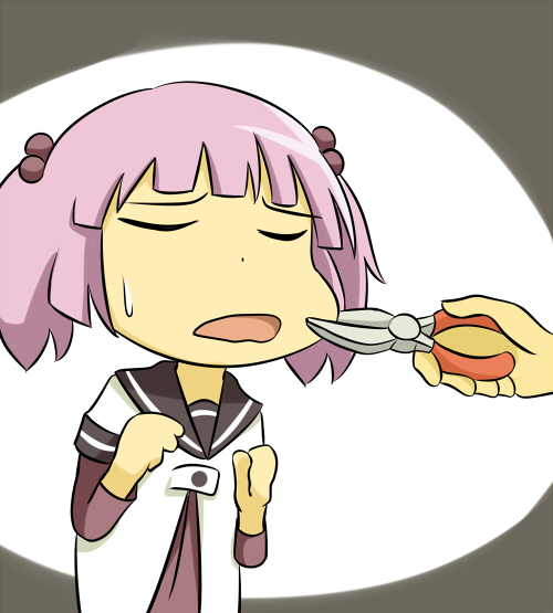 1girl, bangs, blunt_bangs, cheek_pull, closed_eyes, hair_bobbles, hair_ornament, pink_hair