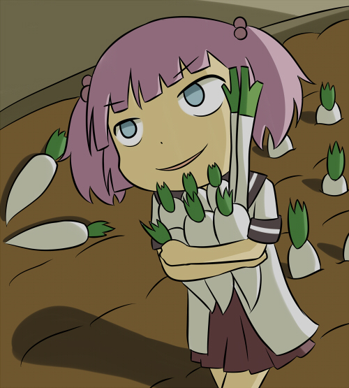1girl, blue_eyes, food, hair_bobbles, hair_ornament, pink_hair, shiitake_nabe_tsukami, short_twintails