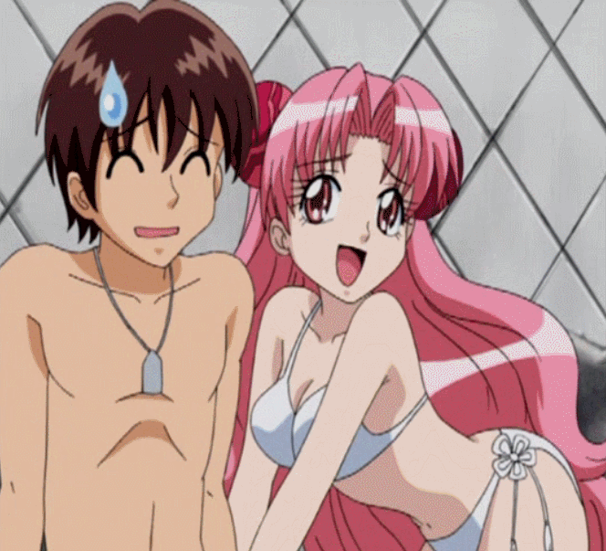 1boy, 1girl, animated, animated_gif, beach, bikini, breasts, cleavage