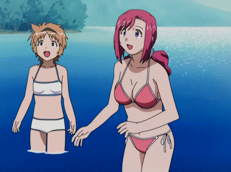 00s, 1boy, 2girls, animated, animated_gif, ball, beachball, bikini