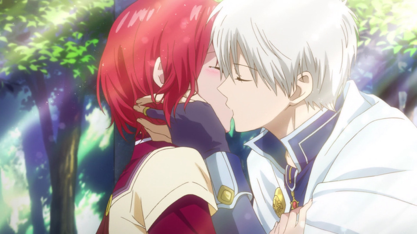 1boy, 1girl, akagami_no_shirayukihime, couple, grey_hair, highres, kiss, redhead
