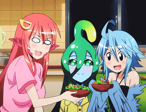 3girls, animated, animated_gif, blue_hair, eating, food, harpy, lamia