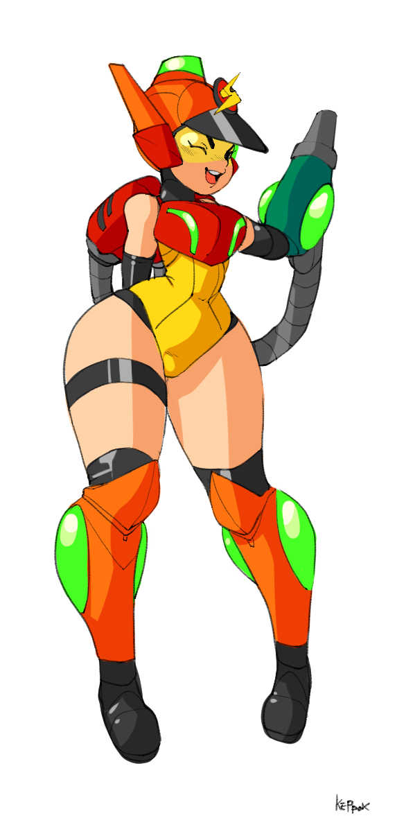 1girl, keppok, looking_at_viewer, metroid, mighty_switch_force!, patricia_wagon, simple_background, solo