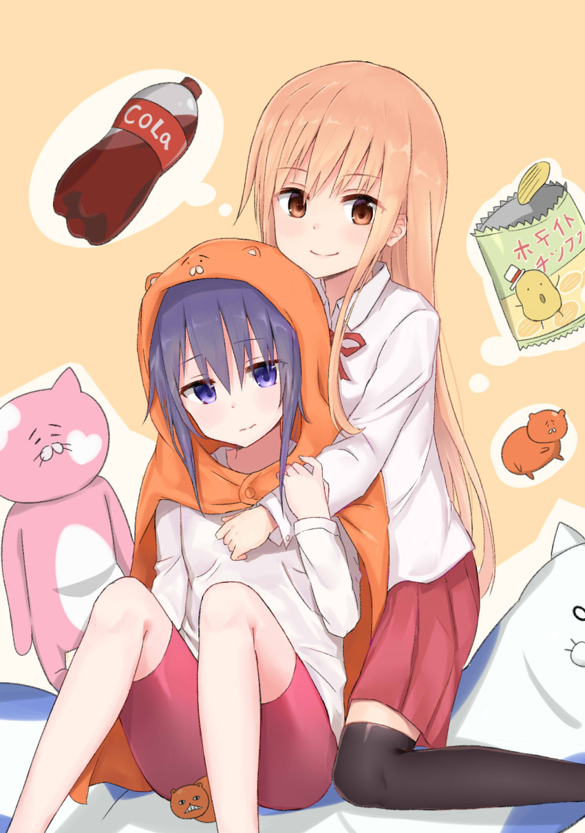 2girls, animal_hood, bike_shorts, black_legwear, brown_eyes, casual, chicking, cosplay, doma_umaru, female, hamster, hamster_costume, himouto!_umaru-chan, hood, hug, hug_from_behind, light_brown_hair, long_hair, looking_at_viewer, motoba_kirie, multiple_girls, necolumbus, nekoronbusu, purple_hair, school_uniform, simple_background, sitting, smile, stuffed_animal, stuffed_cat, thigh-highs, uniform, violet_eyes