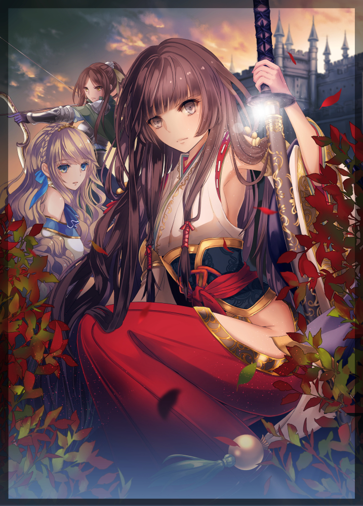 3girls, bare_shoulders, blonde_hair, blue_eyes, bow_(weapon), braid, breasts, brown_eyes
