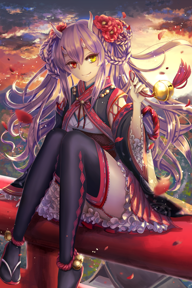 1girl, arm_support, bell, black_legwear, black_thighhighs, braid, chain_chronicle, closed_mouth