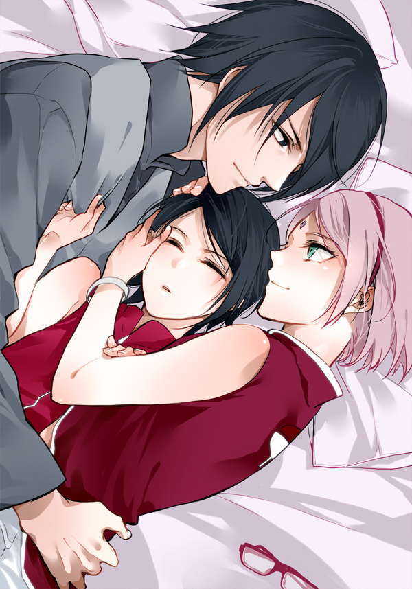 1boy, 2girls, bed, black_hair, eye_contact, facial_mark, family, forehead_mark