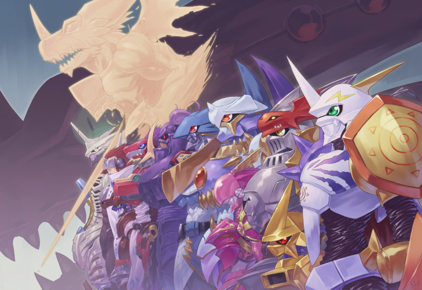 6+boys, armor, bandai, blue_eyes, claws, craniamon, digimon, dragon