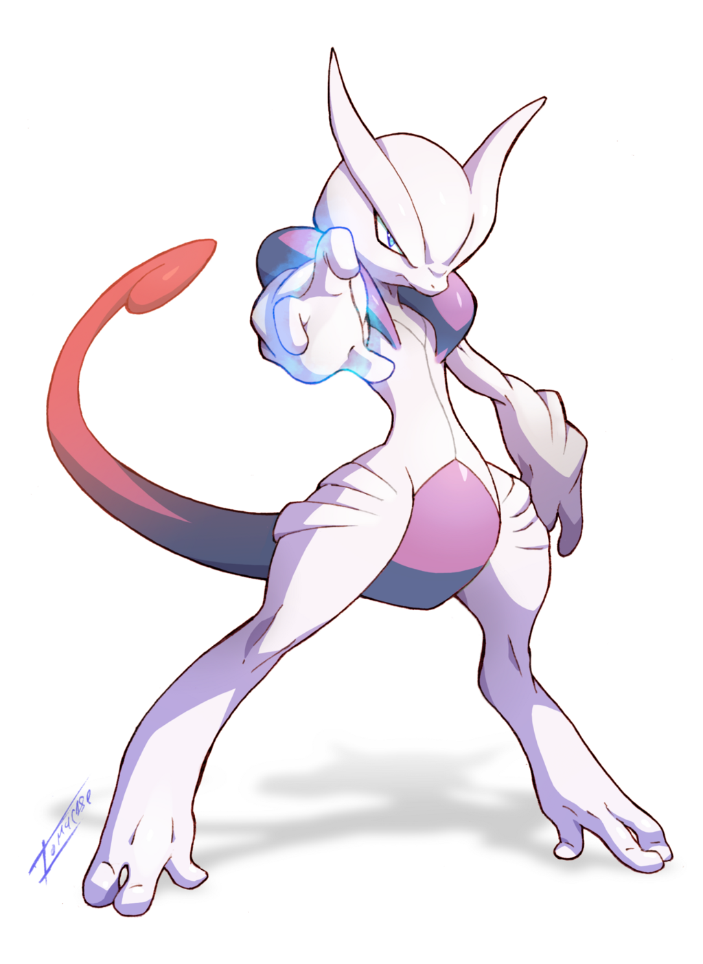 artist_name, blue_eyes, energy, fighting_pose, long_tail, mega_mewtwo_x, mega_pokemon, mewtwo