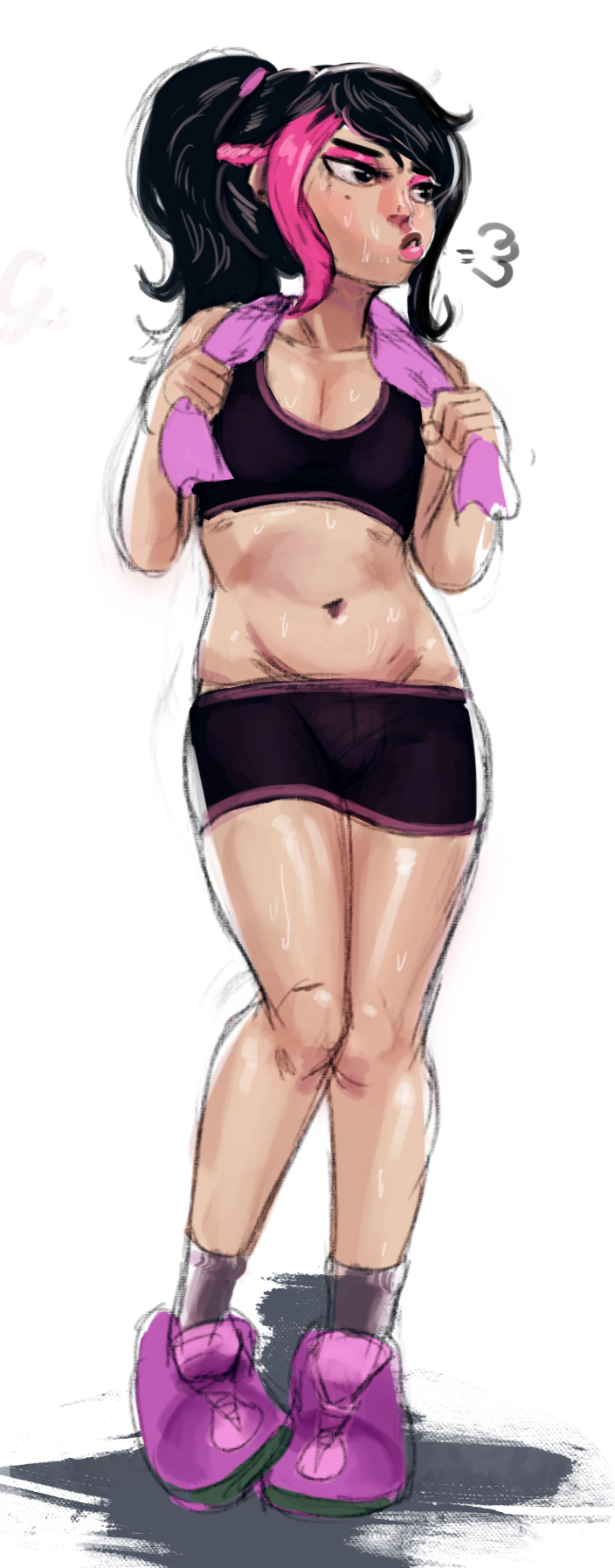 1boy, black_hair, bulge, guy_hamdon, navel, ponytail, shezow, shorts, simple_background, solo, sports_bra, sweat, trap