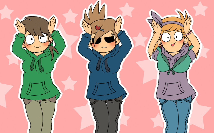 3girls, animated, animated_gif, arms_up, blush, bracelet, brown_hair, caramelldansen, dancing, earrings, eddsworld, ell_(eddsworld), genderswap, hair_ornament, hairband, hairclip, hood, hoodie, hoop_earrings, jewelry, matilda_(eddsworld), multiple_girls, nail_polish, piercing, pink_background, sunglasses, tamara_(eddsworld)