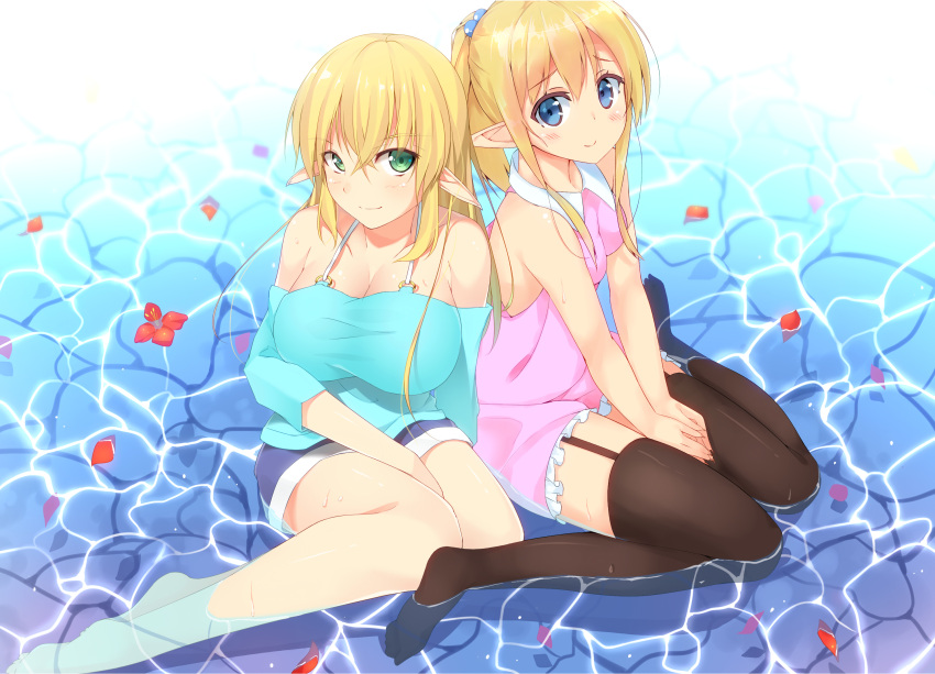 2girls, bare_shoulders, barefoot, between_legs, black_legwear, black_thighhighs, blonde_hair, blue_eyes