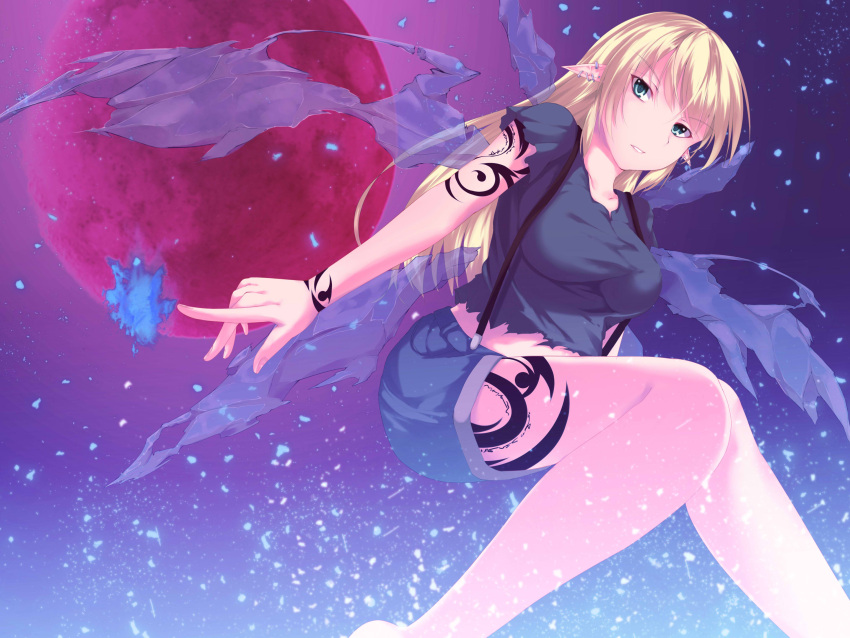 1girl, aqua_eyes, barefoot, blonde_hair, collarbone, female, full_moon, gradient