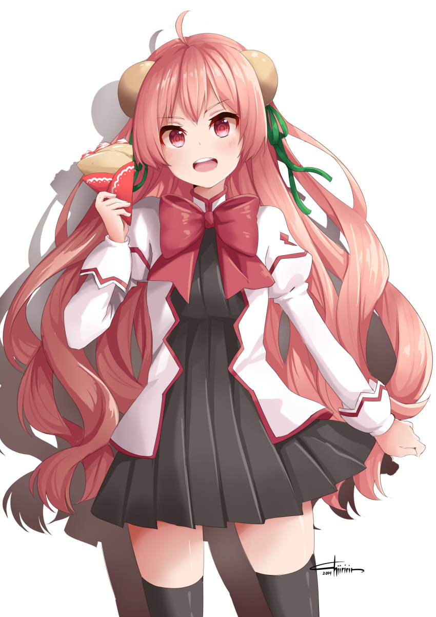 1girl, ahoge, black_legwear, black_thighhighs, blush, bow, chiiririn, eco_(dragonar)