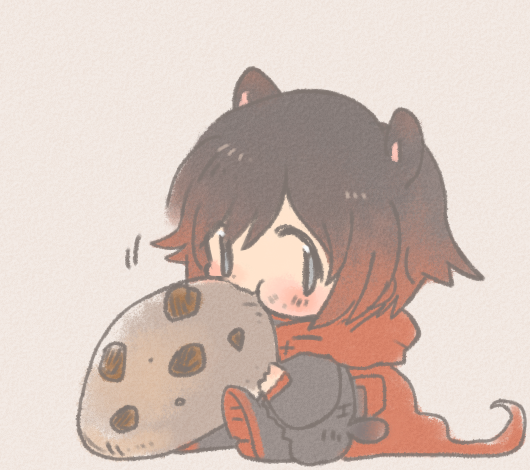 1girl, animal_ears, boots, cape, chibi, cookie, eating, food, hamster_ears, rapop, ruby_rose, rwby, short_hair, simple_background, solo