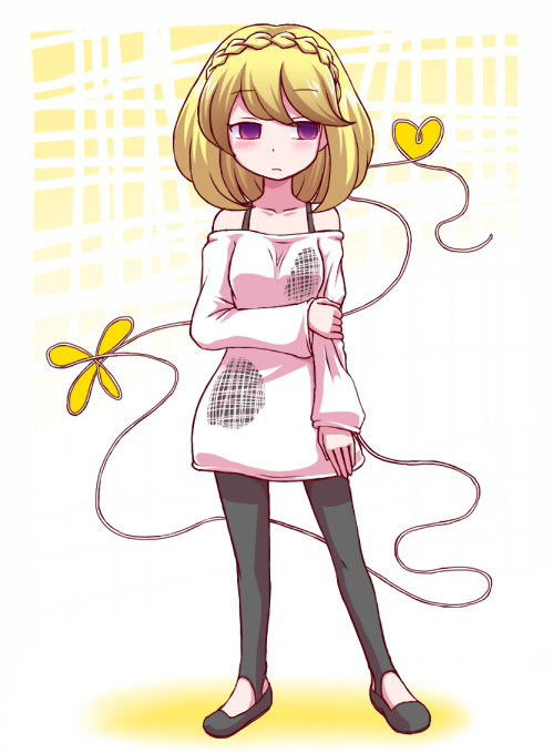 1girl, blonde_hair, blush, braid, dress, gradient, gradient_background, knit_(pop'n_music)