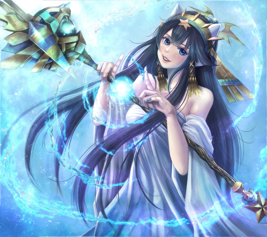 1girl, bare_shoulders, black_hair, blue_eyes, collarbone, female, gradient, gradient_background