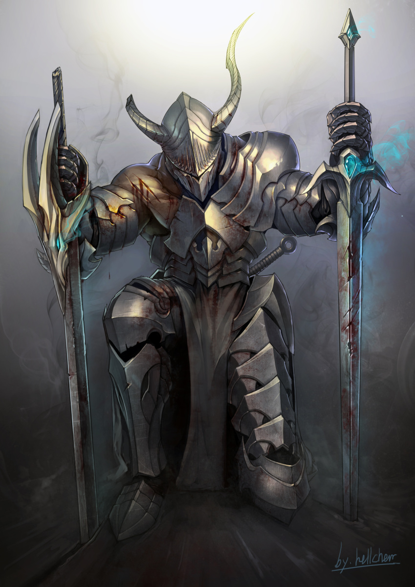 1boy, armor, broken_horn, full_body, gauntlet, gradient, gradient_background, hellcherr