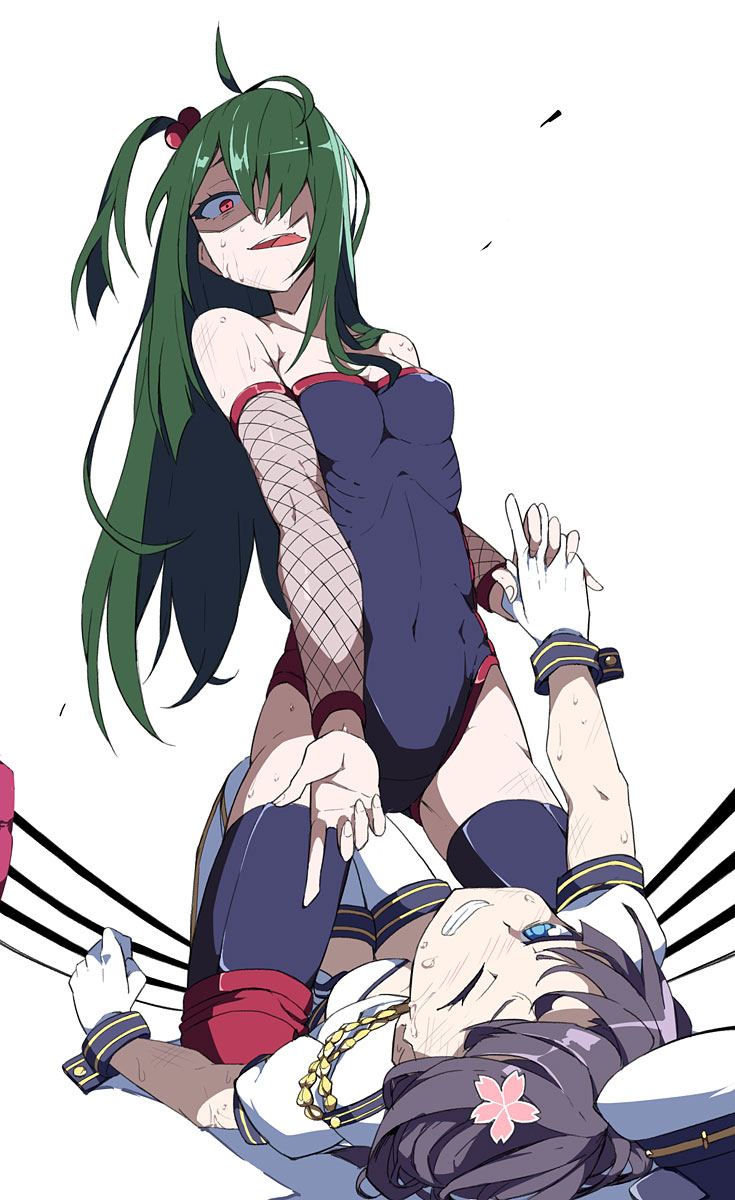 2girls, bare_shoulders, blue_eyes, blush, breasts, brown_hair, character_request, cleavage, clenched_teeth, collarbone, female, fighting, fishnets, flower, gloves, green_hair, hair_flower, hair_ornament, kasu_fusuku, long_hair, looking_at_another, multiple_girls, open_mouth, pain, red_eyes, ring_dream, short_sleeves, simple_background, smile, sweat, teeth, thigh-highs, tongue, tori0714, white_background, white_gloves, white_legwear, wince, wink