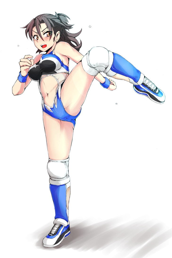 1girl, bare_shoulders, boots, brown_eyes, brown_hair, clenched_hand, female, midriff, navel, nexas, open_mouth, ponytail, ring_dream, shoes, simple_background, sneakers, solo, sweat, white_background, yajiri_kasamatsu